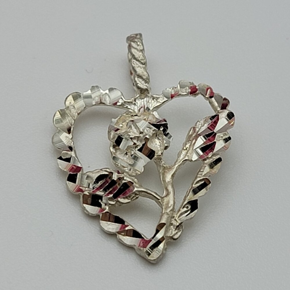 Vintage Sterling Silver 925 Diamond Cut Heart And Rose Pendant 1"